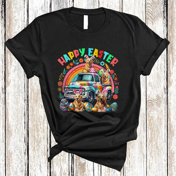 MacnyStore - Happy Easter, Awesome Easter Bunny Golden Retriever Dog With Pickup Truck Plaid, Flowers Rainbow T-Shirt