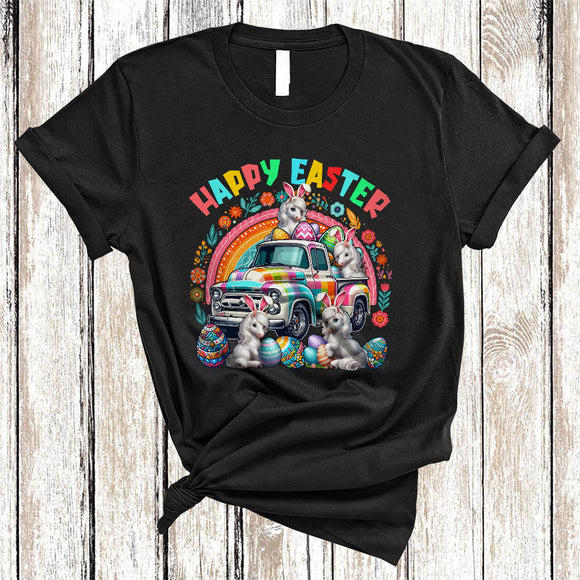MacnyStore - Happy Easter, Awesome Easter Bunny Horse With Pickup Truck Plaid, Flowers Rainbow T-Shirt