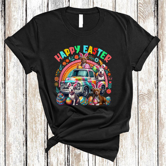 MacnyStore - Happy Easter, Awesome Easter Bunny Pit Bull Dog With Pickup Truck Plaid, Flowers Rainbow T-Shirt