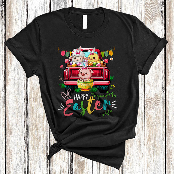 MacnyStore - Happy Easter, Awesome Easter Day Bunny Sheep Chick Pig On Pickup Truck, Farm Animal Farmer T-Shirt