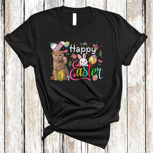 MacnyStore - Happy Easter, Awesome Easter Day Scottish Fold Cat Bunny Ears, Flowers Easter Egg Hunt Group T-Shirt