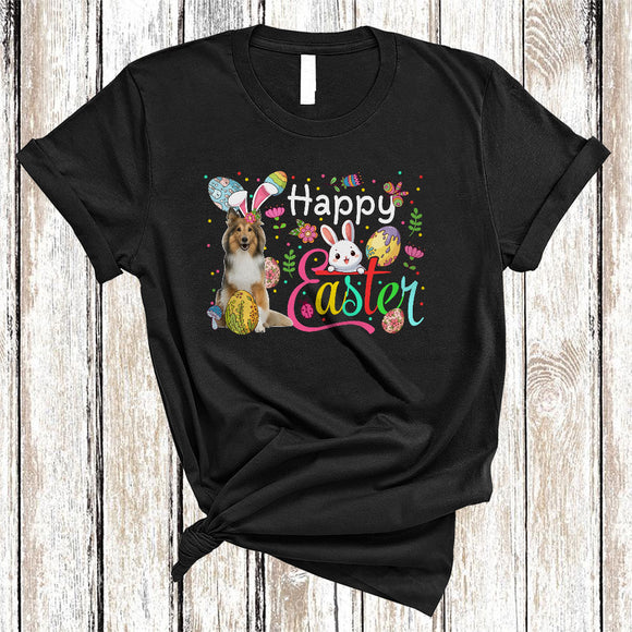 MacnyStore - Happy Easter, Awesome Easter Day Shetland Sheepdog Bunny Ears, Flowers Easter Egg Hunt Group T-Shirt