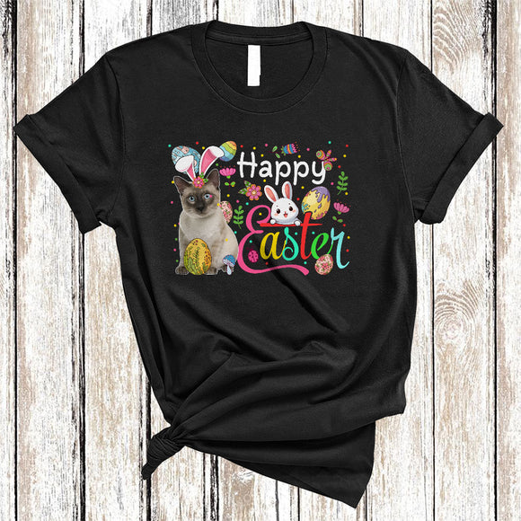 MacnyStore - Happy Easter, Awesome Easter Day Siamese Cat Bunny Ears, Flowers Easter Egg Hunt Group T-Shirt