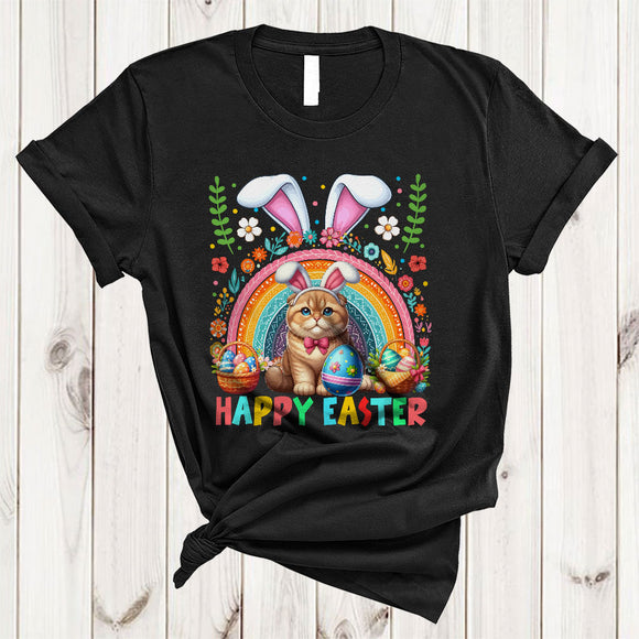 MacnyStore - Happy Easter, Colorful Easter Bunny Cat Animal Lover, Rainbow Eggs Hunting Group T-Shirt