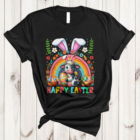 MacnyStore - Happy Easter, Colorful Easter Bunny Cow Farm Animal Lover, Rainbow Eggs Hunting Group T-Shirt