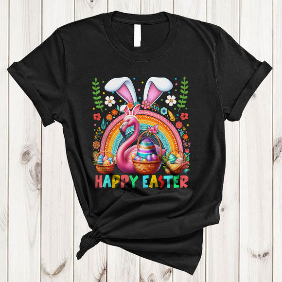 MacnyStore - Happy Easter, Colorful Easter Bunny Flamingo Animal Lover, Rainbow Eggs Hunting Group T-Shirt