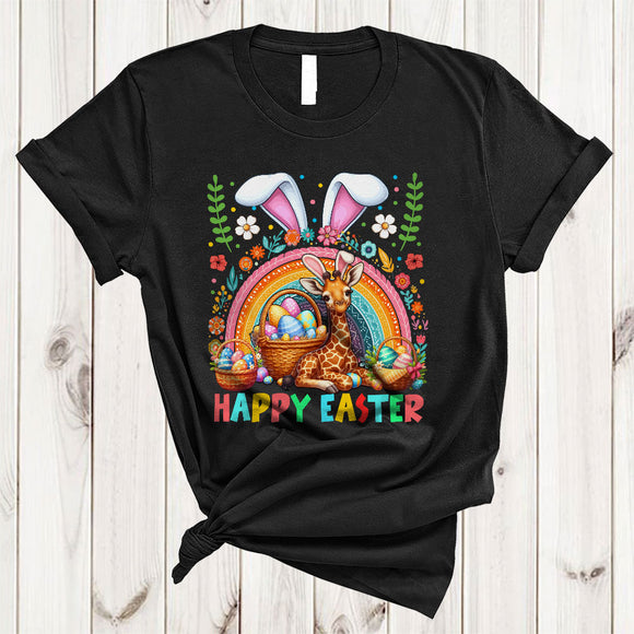 MacnyStore - Happy Easter, Colorful Easter Bunny Giraffe Wild Animal Lover, Rainbow Eggs Hunting Group T-Shirt