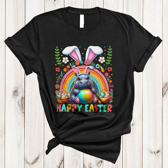 MacnyStore - Happy Easter, Colorful Easter Bunny Hippo Wild Animal Lover, Rainbow Eggs Hunting Group T-Shirt