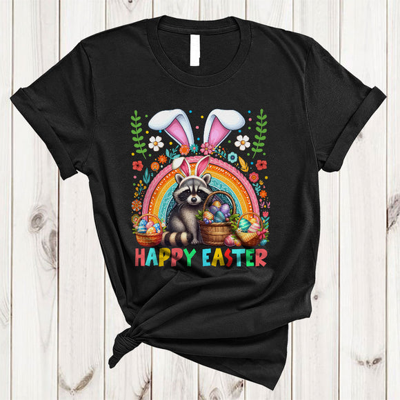 MacnyStore - Happy Easter, Colorful Easter Bunny Raccoon Wild Animal Lover, Rainbow Eggs Hunting Group T-Shirt