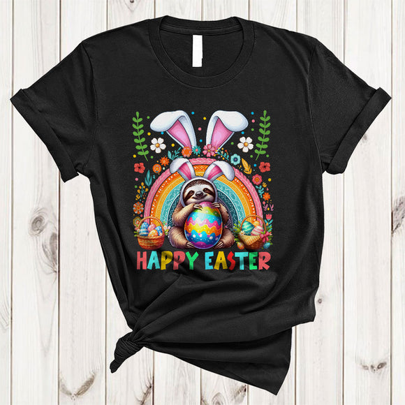 MacnyStore - Happy Easter, Colorful Easter Bunny Sloth Wild Animal Lover, Rainbow Eggs Hunting Group T-Shirt