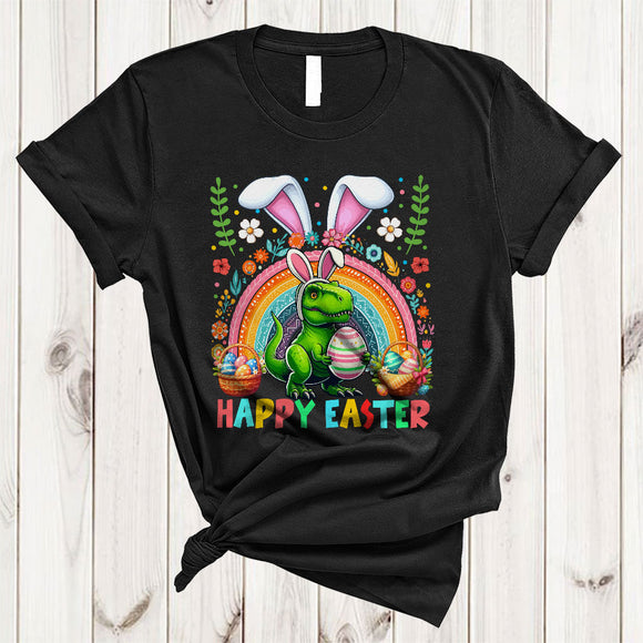 MacnyStore - Happy Easter, Colorful Easter Bunny T-Rex Animal Lover, Rainbow Eggs Hunting Group T-Shirt