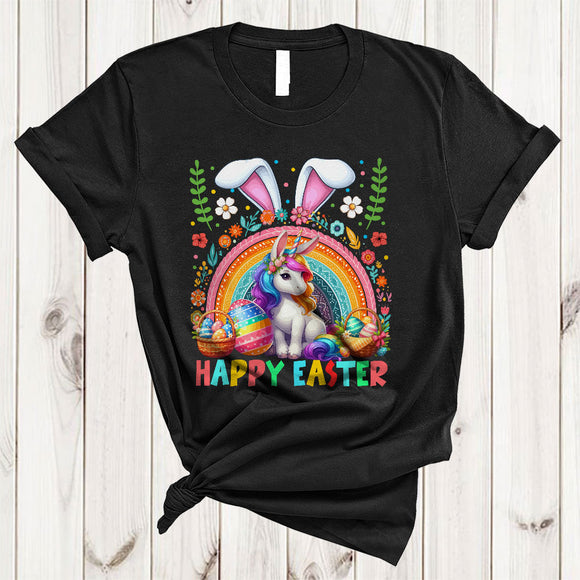 MacnyStore - Happy Easter, Colorful Easter Bunny Unicorn Animal Lover, Rainbow Eggs Hunting Group T-Shirt