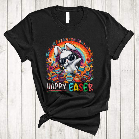 MacnyStore - Happy Easter, Colorful Easter Day Dabbing Bunny Sunglasses, Rainbow Easter Egg Hunt Flowers T-Shirt