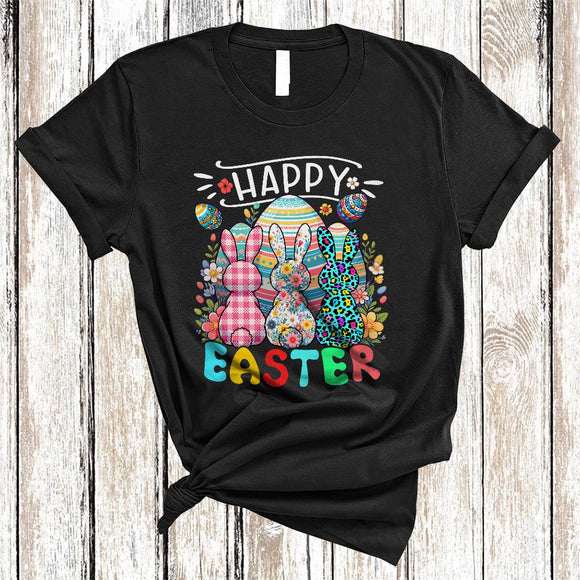 MacnyStore - Happy Easter, Colorful Easter Day Plaid Leopard Floral Three Bunnies From Back, Egg Hunt Lover T-Shirt