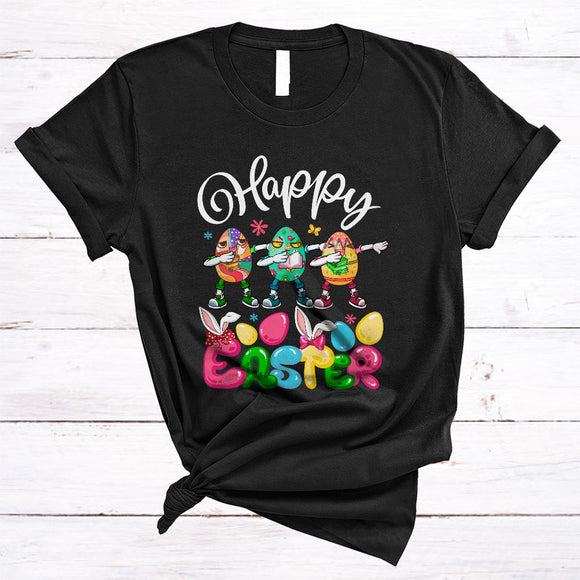 MacnyStore - Happy Easter, Colorful Easter Day Three Bunny Eggs Dabbing Librarian, Matching Librarian Group T-Shirt