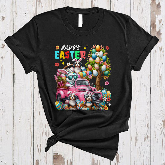 MacnyStore - Happy Easter, Colorful Easter Egg Tree Three Bernedoodles, Bunny Driving Egg Truck Driver T-Shirt