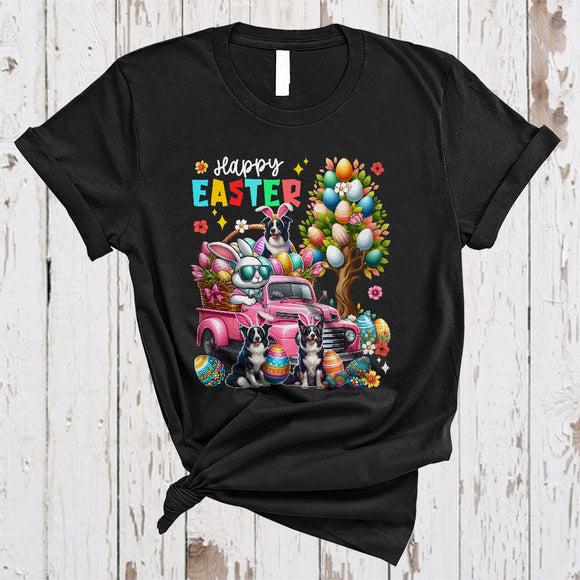 MacnyStore - Happy Easter, Colorful Easter Egg Tree Three Border Collies, Bunny Driving Egg Truck Driver T-Shirt