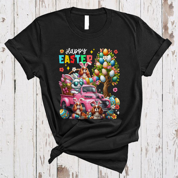 MacnyStore - Happy Easter, Colorful Easter Egg Tree Three Cavalier King Charles Spaniels, Bunny Driving Egg Truck T-Shirt