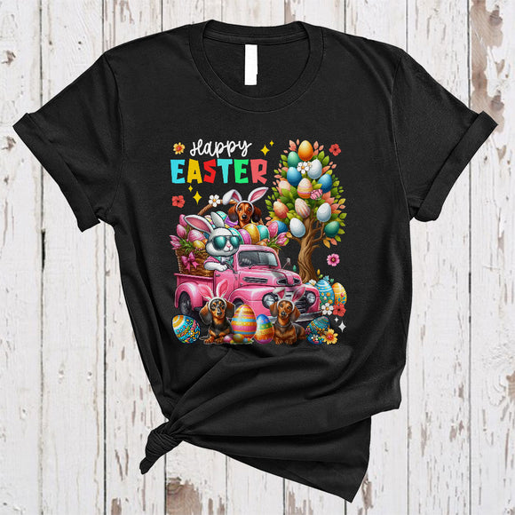 MacnyStore - Happy Easter, Colorful Easter Egg Tree Three Dachshunds, Bunny Driving Egg Truck Driver Group T-Shirt