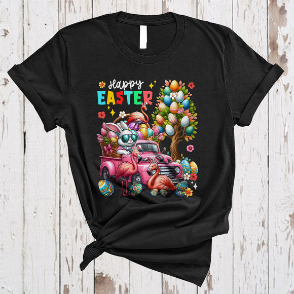 MacnyStore - Happy Easter, Colorful Easter Egg Tree Three Flamingos, Bunny Driving Egg Truck Driver Group T-Shirt
