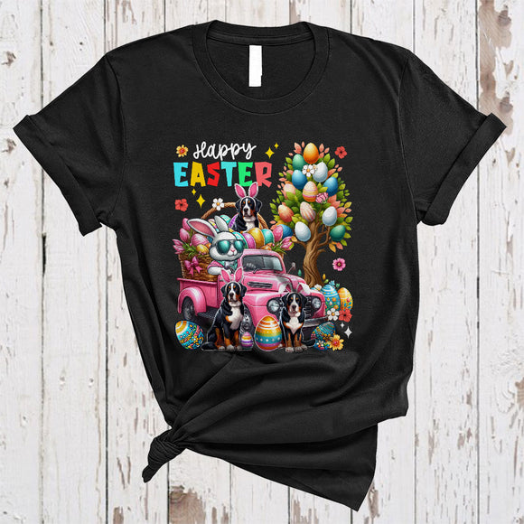 MacnyStore - Happy Easter, Colorful Easter Egg Tree Three Greater Swiss Mountains, Bunny Driving Egg Truck T-Shirt