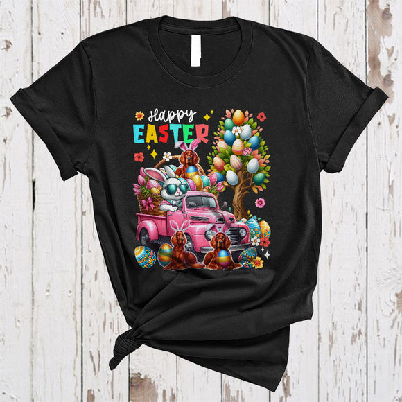 MacnyStore - Happy Easter, Colorful Easter Egg Tree Three Irish Setters, Bunny Driving Egg Truck Driver Group T-Shirt