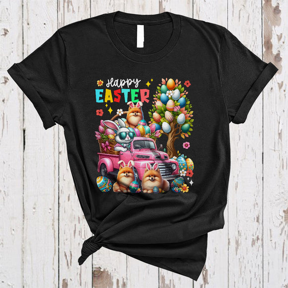 MacnyStore - Happy Easter, Colorful Easter Egg Tree Three Pomeranians, Bunny Driving Egg Truck Driver Group T-Shirt