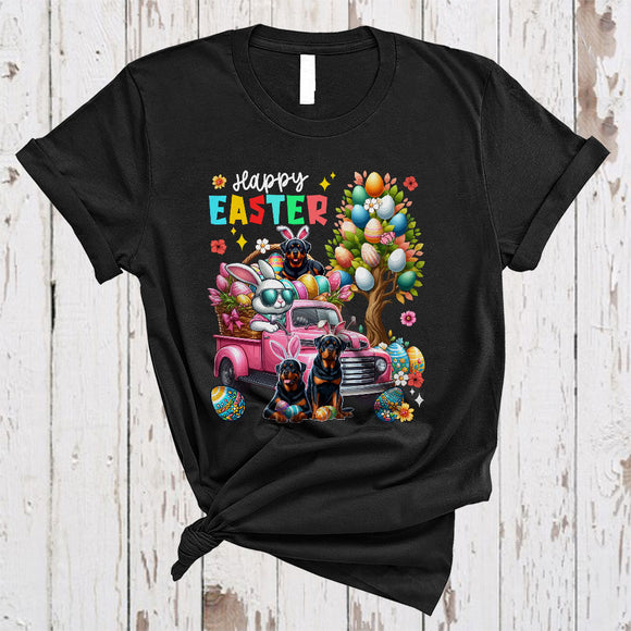 MacnyStore - Happy Easter, Colorful Easter Egg Tree Three Rottweilers, Bunny Driving Egg Truck Driver Group T-Shirt