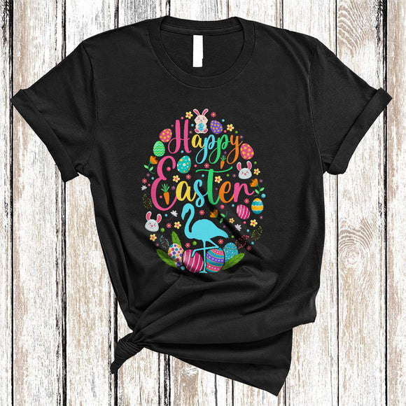 MacnyStore - Happy Easter, Colorful Easter Eggs Shape Flamingo Lover, Matching Family Group Egg Hunting T-Shirt