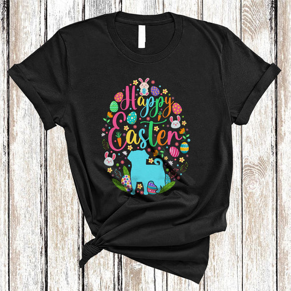 MacnyStore - Happy Easter, Colorful Easter Eggs Shape Pug Lover, Matching Family Group Egg Hunting T-Shirt