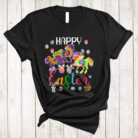 MacnyStore - Happy Easter, Colorful Easter Tie Dye Three Bunny Horse Farmer Lover, Matching Family Egg Hunt T-Shirt