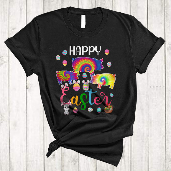 MacnyStore - Happy Easter, Colorful Easter Tie Dye Three Bunny Pig Farmer Lover, Matching Family Egg Hunt T-Shirt