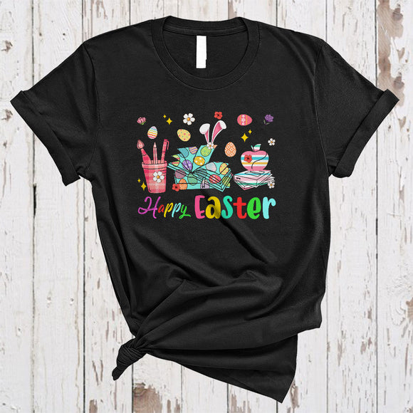 MacnyStore - Happy Easter, Colorful Plaid Bunny Teacher Tools, Flowers Egg Hunt Matching Teacher Group T-Shirt