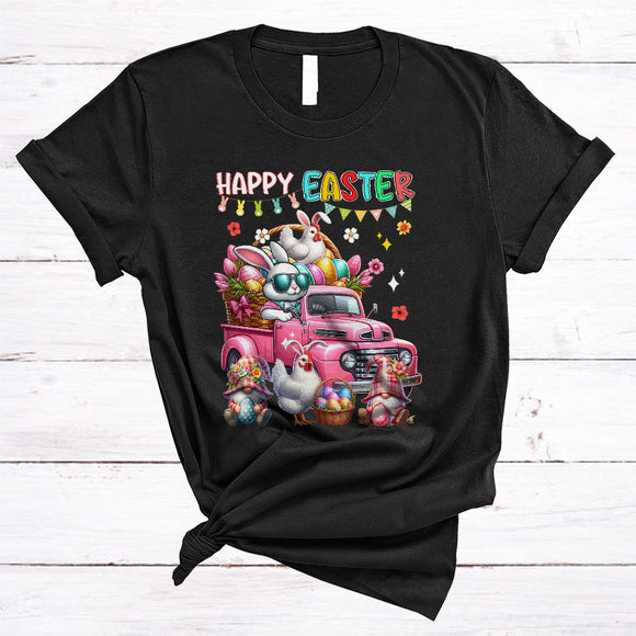 MacnyStore - Happy Easter, Joyful Easter Bunny Chicken On Pickup Truck, Egg Basket Gnomes Farmer Group T-Shirt
