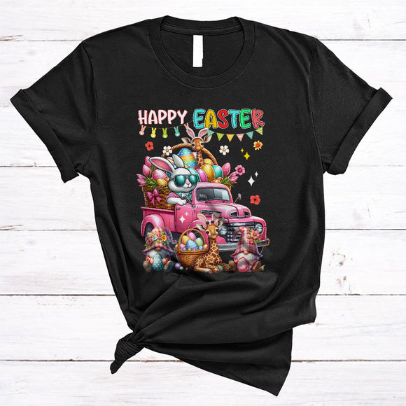 MacnyStore - Happy Easter, Joyful Easter Bunny Giraffe On Pickup Truck, Egg Basket Gnomes Wild Animal Lover T-Shirt