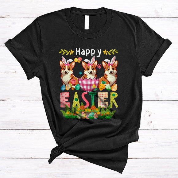 MacnyStore - Happy Easter, Lovely Easter Bunny Corgi In Plaid Easter Egg, Flowers Family Group T-Shirt