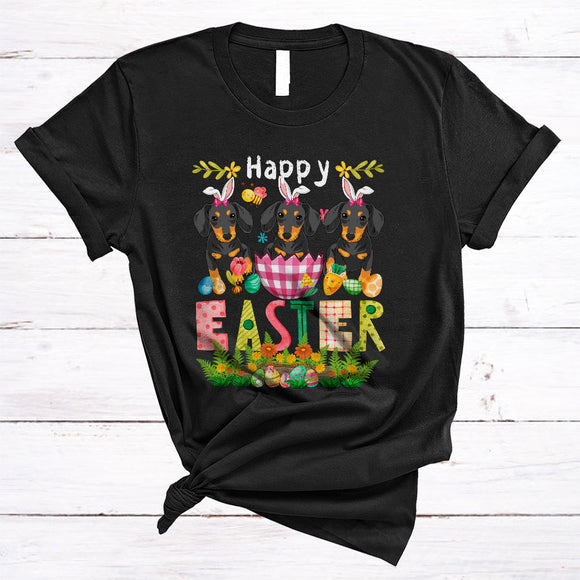 MacnyStore - Happy Easter, Lovely Easter Bunny Dachshund In Plaid Easter Egg, Flowers Family Group T-Shirt