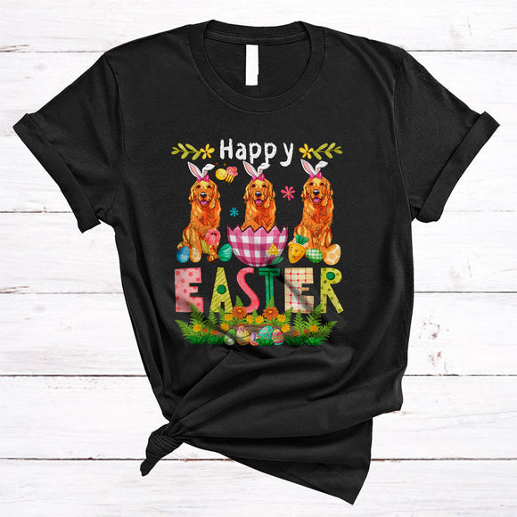 MacnyStore - Happy Easter, Lovely Easter Bunny Golden Retriever In Plaid Easter Egg, Flowers Family Group T-Shirt
