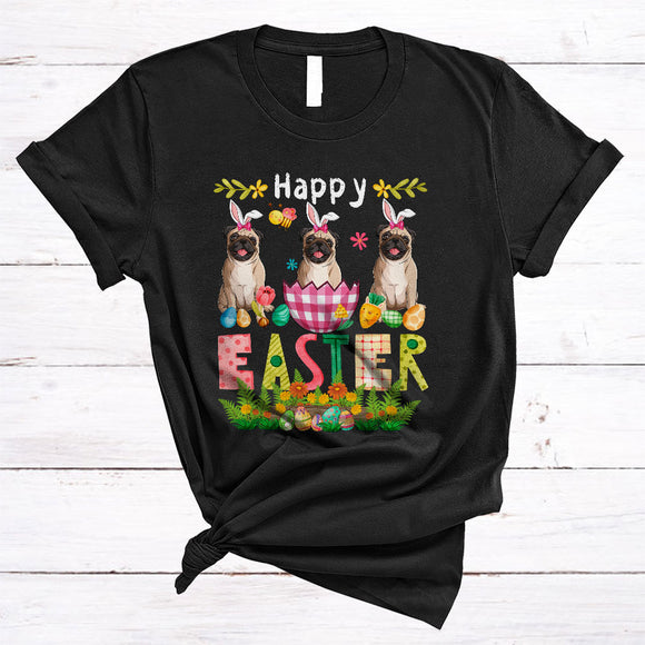 MacnyStore - Happy Easter, Lovely Easter Bunny Pug In Plaid Easter Egg, Flowers Family Group T-Shirt