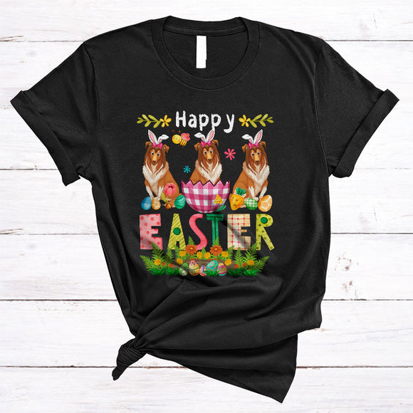 MacnyStore - Happy Easter, Lovely Easter Bunny Sheltie In Plaid Easter Egg, Flowers Family Group T-Shirt