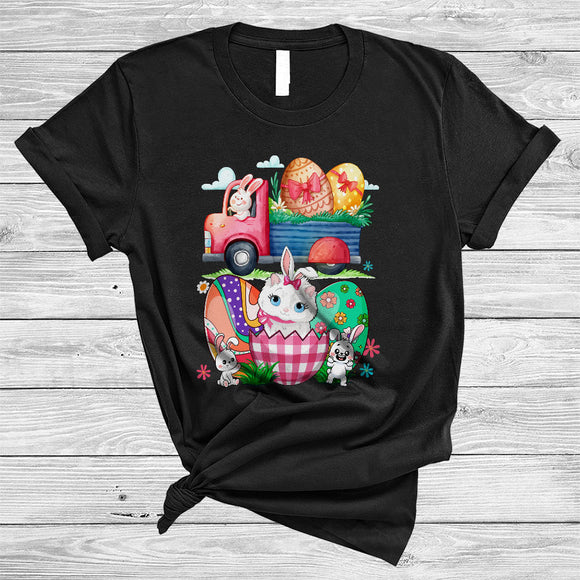 MacnyStore - Happy Easter, Lovely Easter Day Bunny Riding Pickup, Cat In Plaid Eggs Hunting Lover Group T-Shirt
