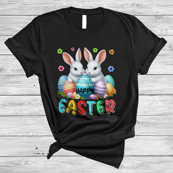 MacnyStore - Happy Easter, Lovely Easter Day Two Bunnies Hunting Egg, Flowers Egg Hunt Group T-Shirt