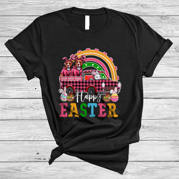 MacnyStore - Happy Easter, Wonderful Easter Beagle Bunny Riding Pink Plaid Pickup Truck, Rainbow T-Shirt