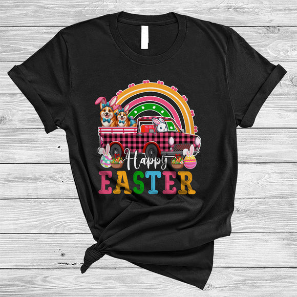 MacnyStore - Happy Easter, Wonderful Easter Corgi Bunny Riding Pink Plaid Pickup Truck, Rainbow T-Shirt