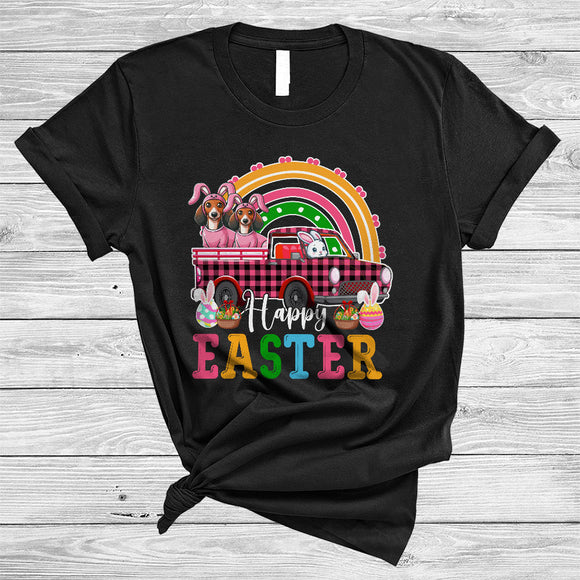 MacnyStore - Happy Easter, Wonderful Easter Dachshund Bunny Riding Pink Plaid Pickup Truck, Rainbow T-Shirt