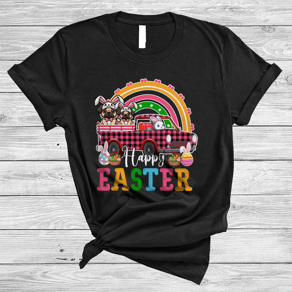 MacnyStore - Happy Easter, Wonderful Easter Pug Bunny Riding Pink Plaid Pickup Truck, Rainbow T-Shirt