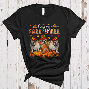 MacnyStore - Happy Fall Y'all, Lovely Plaid Thanksgiving Three Pilgrim Bulldog Lover, Autumn Fall Leaf T-Shirt