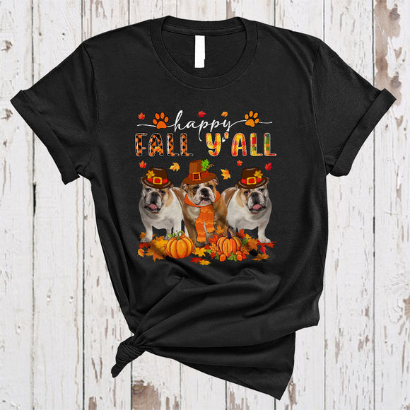 MacnyStore - Happy Fall Y'all, Lovely Plaid Thanksgiving Three Pilgrim Bulldog Lover, Autumn Fall Leaf T-Shirt