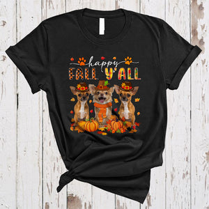 MacnyStore - Happy Fall Y'all, Lovely Plaid Thanksgiving Three Pilgrim Chihuahua Lover, Autumn Fall Leaf T-Shirt