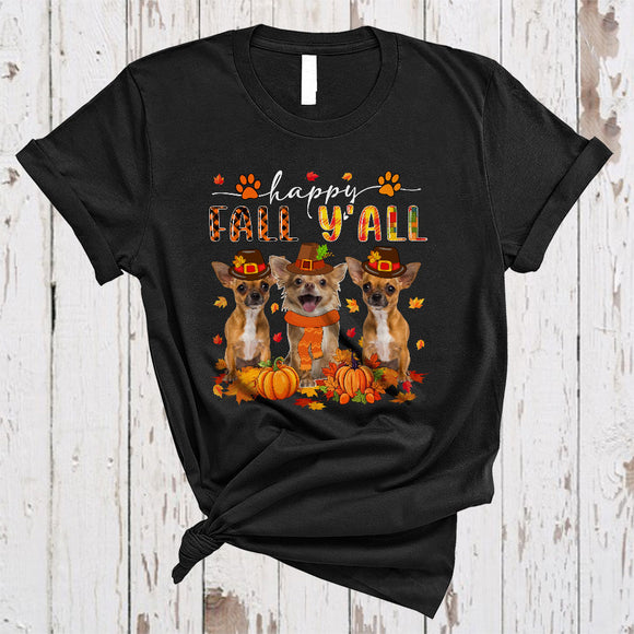 MacnyStore - Happy Fall Y'all, Lovely Plaid Thanksgiving Three Pilgrim Chihuahua Lover, Autumn Fall Leaf T-Shirt
